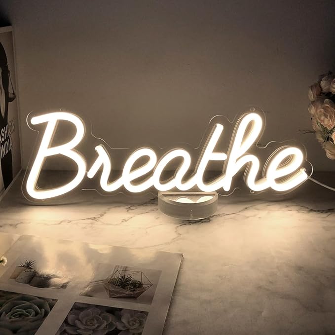 Breathe Neon Sign for Wall Decor by 5V USB Powered, Neon Breathe Signs with Dimmer Switch for Home, Yoga Studio Bedroom Readingroom, Lounge Wall Decoration Size 17x6 inches Warm White Yoga Studio Decor