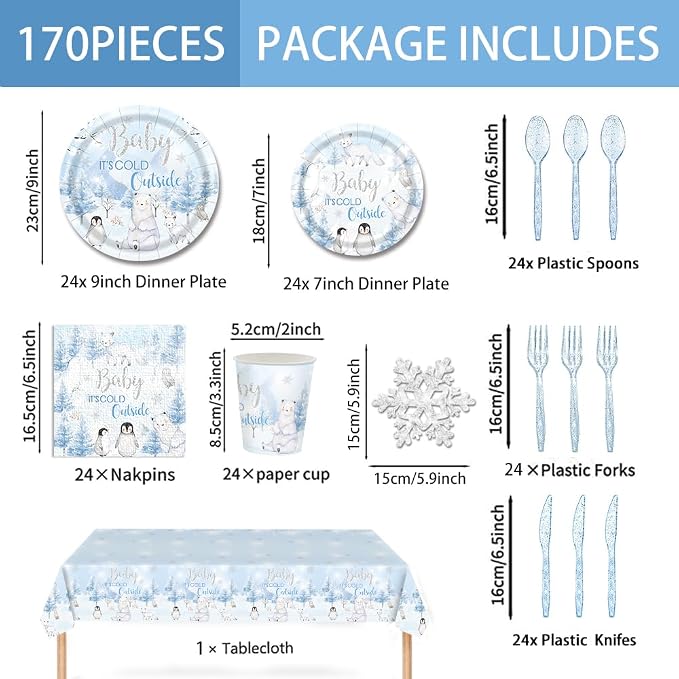 170pcs Winter Woodland Baby Shower Decorations Arctic Animals Plates Napkins Baby It's Cold Outside Snowflake Penguin Arctic Fox Tableware Set Banner Tablecloth for 24 Guests