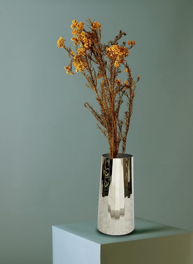 Serene Spaces Living Large Silver Cylinder Metal Vase, Elegant Flower Vase for Wedding, Anniversary, Home Decor, Table Centerpiece for Coffee Table, Dining Table, Countertop, 4.25" Dia & 9" Tall