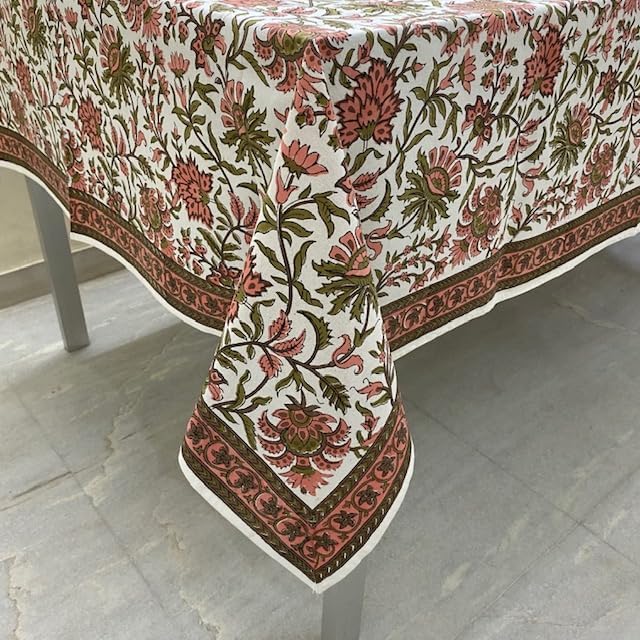 Ridhi New York Pink and Olive Green Hand Block Print Cotton Rectangle Tablecloth 160" x 72" inches Reusable Table Cover Decorative Everyday Use for Dining Room, Farmhouse, Gift Spring, Mother's Day