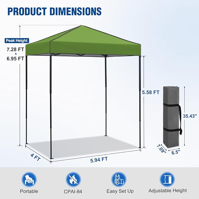 6x4 Pop Up Canopy Tent, Instant Portable Beach Canopy, Outdoor Tent with Carry Bag for Camping, Sports, Tailgating, Events, Grass Green