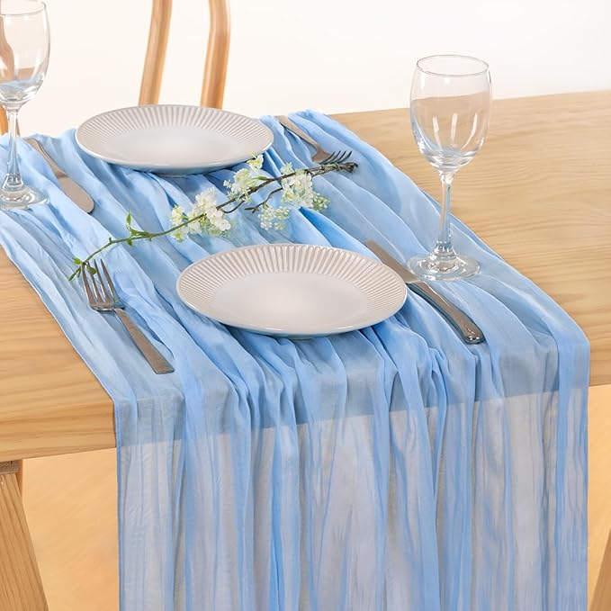 MLMC 8 Pack Baby Blue Table Runner Blue Baby Shower Decorations 10ft Rustic Gauze Light Blue Cheesecloth Table Runner 35x120 Inches for Gender Reveal Birthday Wedding Party Decor