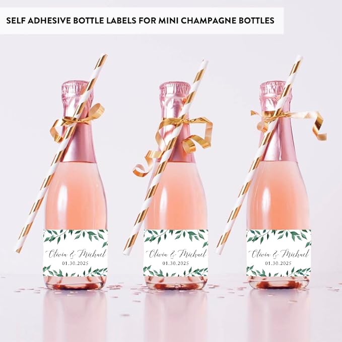 Andaz Press Personalized Wedding Mini Wine Labels - Greenery Green Leaves 20-Pack Bulk Waterproof Mini Wine Bottle Labels for Champagne Bottles