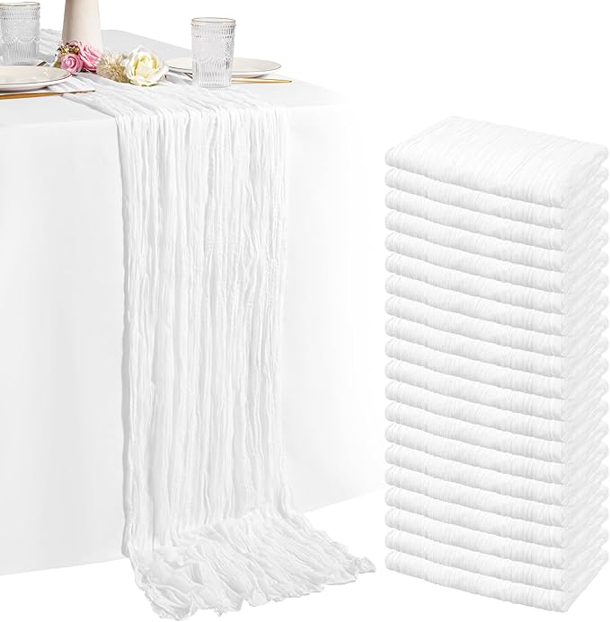 20 Pack White Cheesecloth Table Runner 20 x 120 inch Boho Gauze Cheese Cloth Table Runner Vintage Rustic Romantic Sheer Runners for Wedding Bridal Shower Birthday Party Cake Table Decorations