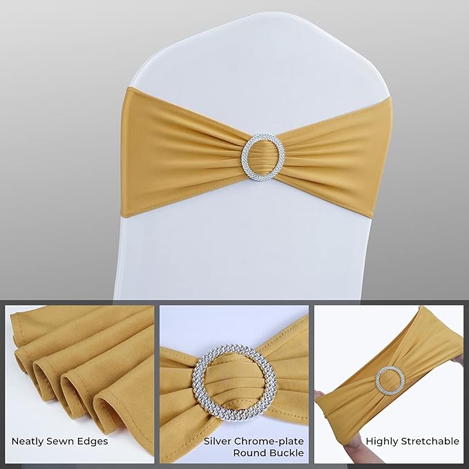 Spandex Chair Sashes Bows - Babenest 100PCS Premium Stretch Chair Cover Band with Buckle Slider Universal Elastic Chair Ties for Wedding Easter Party Ceremony Reception Banquet Decoration (Gold)