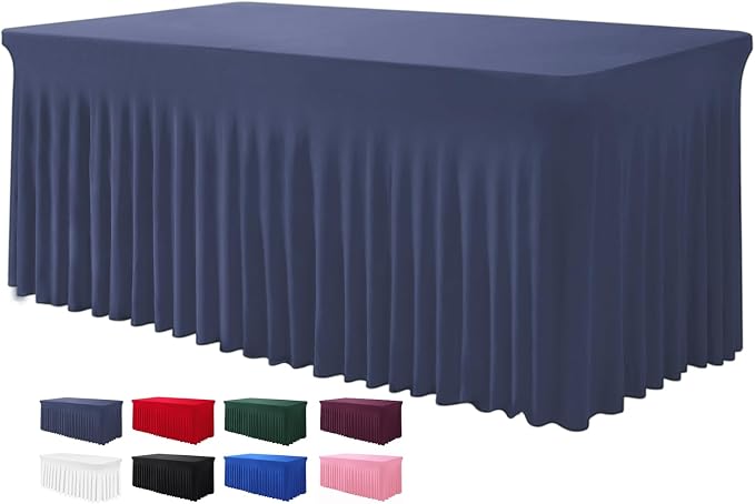 BDDC One-Piece Spandex Table Cover Skirt for 8FT Rectangle Tables | GRS-Certified Eco-Friendly Fabric, Elastic Fitted Ruffle Tablecloth, Washable, For Banquets, Weddings & Parties