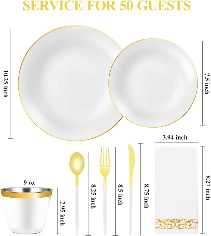 Bestluck 350PCS White Plastic Dinnerware Set, White Gold Plastic Plates for 50 Guests, Include 100 White Plates with 150 Plastic Cutlery, 50 Napkins and 50 Cups