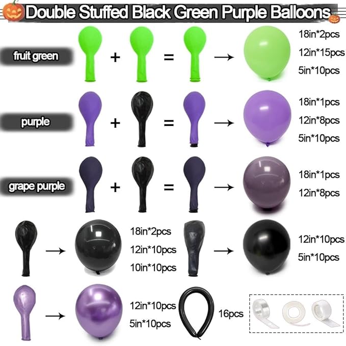 Black Purple Balloon Garland Arch Kit, Double Stuffed Purple Black Balloons Lime Green Lavender Balloon Arch for Wedding Birthday Baby Shower Gothic Wednesday Party Decorations
