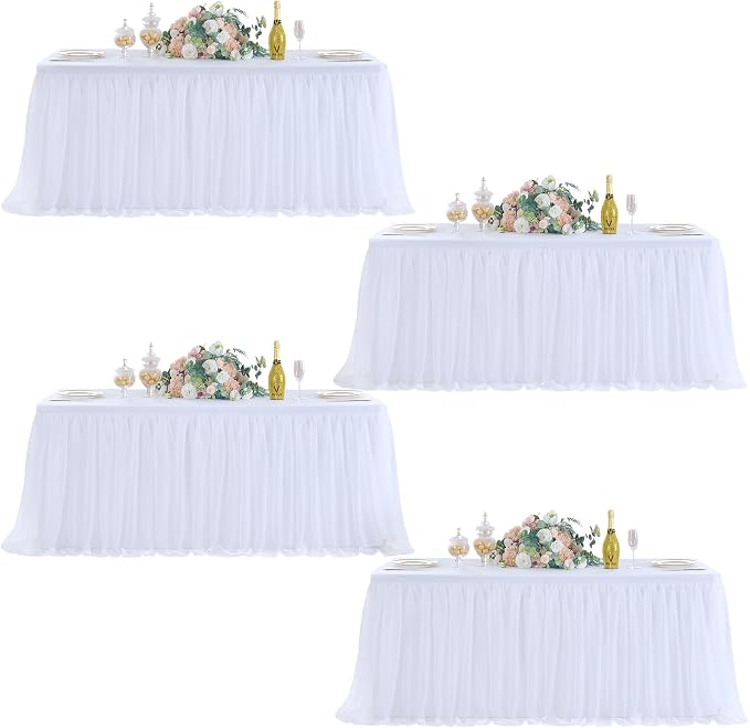 familus White Table Cloths 6 Foot Rectangle 4 Panels Stretch Ruffle Tulle Tablecloth Spandex Fitted Table Cover for 6 Foot Tulle Table Skirts for Party Wedding Table Cloths, Banquets