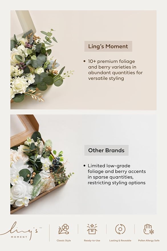 Ling's moment Fake Flowers Box, Faux Artificial Greenery Stems Foam Roses Silk Peonies Willow Fabic Flower for Centerpieces Bouquet Wedding Vase Floral Decorations, White & Blush, Grand Combo
