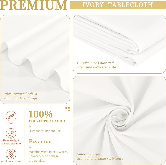 Showgeous 4 Pack Ivory Tablecloths for 8 Foot Rectangle Tables 60 x 126 Inch, 8ft Rectangular Washable Polyester Table Cover for Wedding Party Banquet