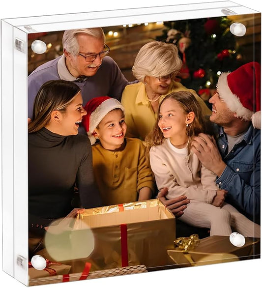 AMEITECH Acrylic Picture Frame - 8x8, Clear Double Sided Frameless Photo Frame with Magnetic, Free Standing Desktop Display, Lucite Frame with Gift Box Package, 12+12mm Thickness - 1 Pack