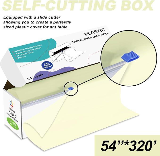 54IN X 320FT Plastic Table Cover Roll with Cutter Box, Cut to Size Plastic Table Cloths for Parties, Birthday, Disposable Tablecloth Roll for All Shape Tables (Beige, 54 Inch X 320 Feet)