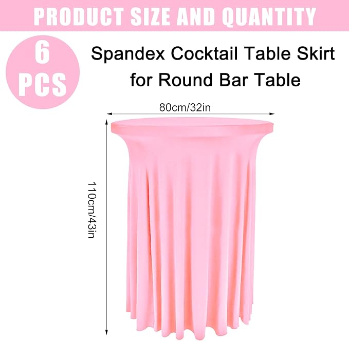 6 Pack Round Cocktail Tablecloth 32"x 43" Spandex Cocktail Table Skirt, Washable Stretch Fitted Table Covers for High Top Bar, Wedding, Party, Events (Pink)