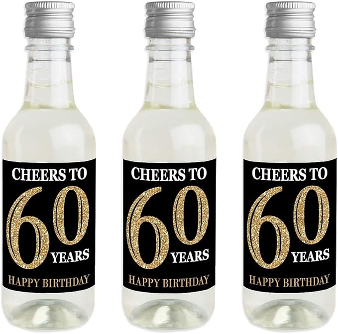Big Dot of Happiness Adult 60th Birthday - Gold - Mini Wine and Champagne Bottle Label Stickers - Birthday Party Favor Gift for Women and Men - Set of 16