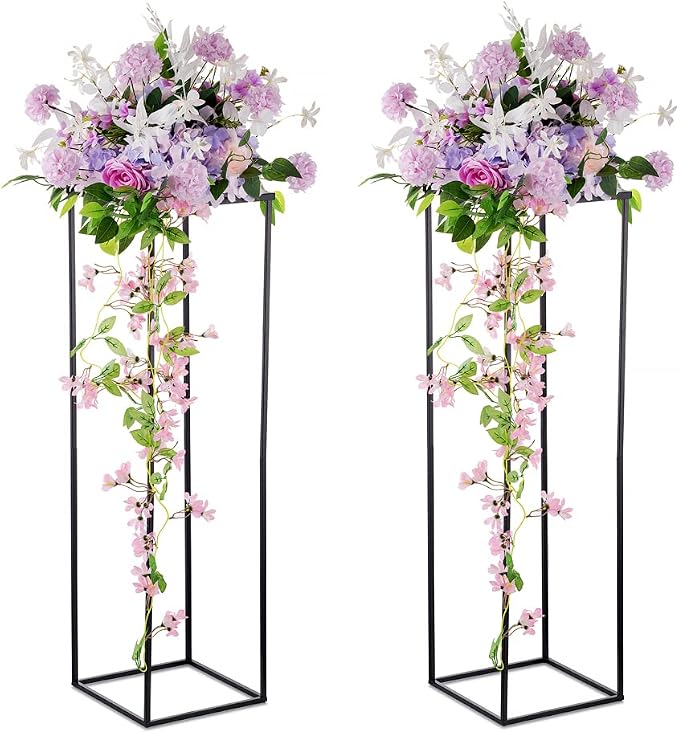 Black Tall Plant Stand: 39.4in, With Metal Panel, Packs of 2 | Columnar Cube Shape, Easy to Assembly, Flowers Cakes Drinks Display Table Centerpieces for Wedding Party Event