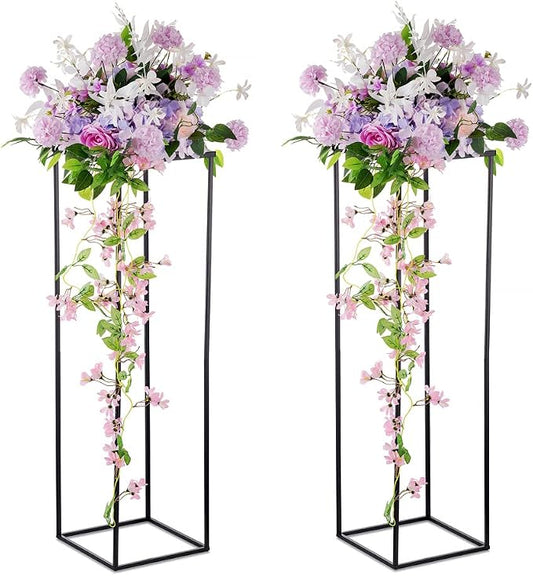 Black Tall Plant Stand: 39.4in, With Metal Panel, Packs of 2 | Columnar Cube Shape, Easy to Assembly, Flowers Cakes Drinks Display Table Centerpieces for Wedding Party Event
