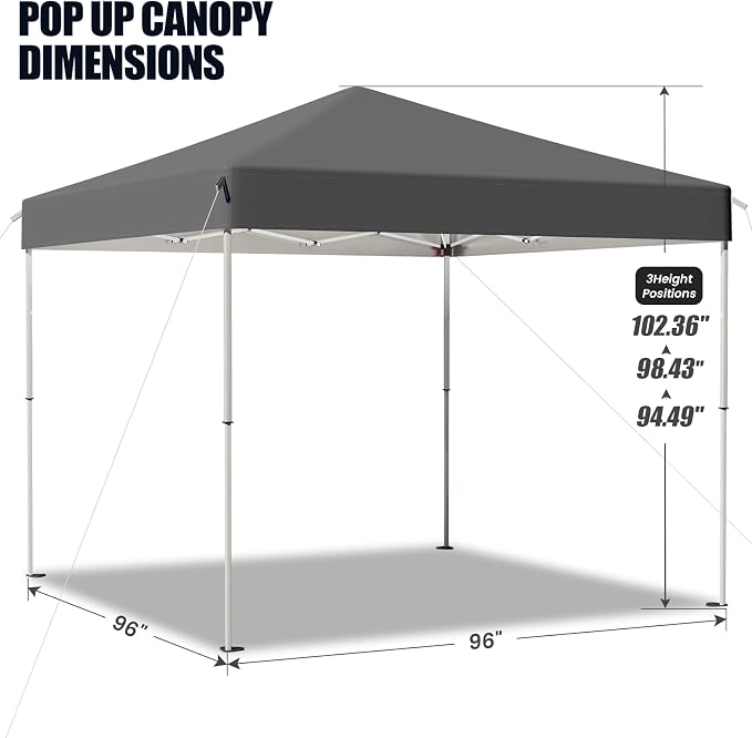 8x8 Pop Up Canopy Tent,Outdoor Canopy with Carry Bag,Easy Up Canopy with 3 Adjustable Height, Outdoor Gazebo Straight Legs,UPF 50+ Event Shelter Tents for Parties,Camping,Market,Patio(Grey)