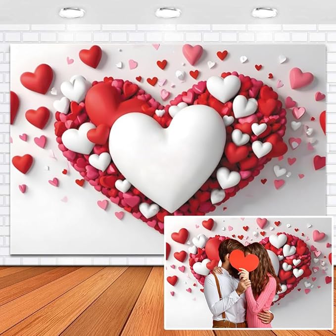 8x6ft Vinyl Red Heart Backdrop for Valentines Mother's Day Red and White Hearts Photo Background Holiday Party Decorations Engagement Bridal Backdrops