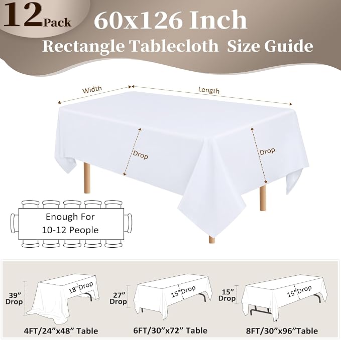 12 Pack White Table Cloth 60x126 Inch Rectangle Tablecloths for 8 Foot Rectangle Tables, Wrinkle Resistant Washable Polyester Fabric Rectangular Table Cover for Dining Banquet Wedding Party