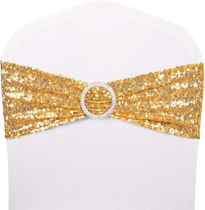 Pack of 50 Chair Sashes Sequin Stretchy Spandex Bands Decorative Bows One-Sided Sequins Decor for Romantic Wedding Party Home Chair Cover Sash Decorations - Gold