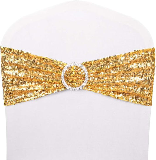 Pack of 50 Chair Sashes Sequin Stretchy Spandex Bands Decorative Bows One-Sided Sequins Decor for Romantic Wedding Party Home Chair Cover Sash Decorations - Gold