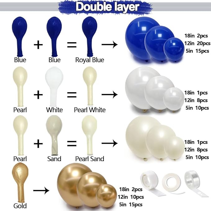 Royal Blue and Gold Balloon Garland - Double Stuffed Pearl Sand White Blue Gold Balloons Arch Kit for Birthday Graduation Anniversary Bachelor Wedding Baby Shower Party Decoration