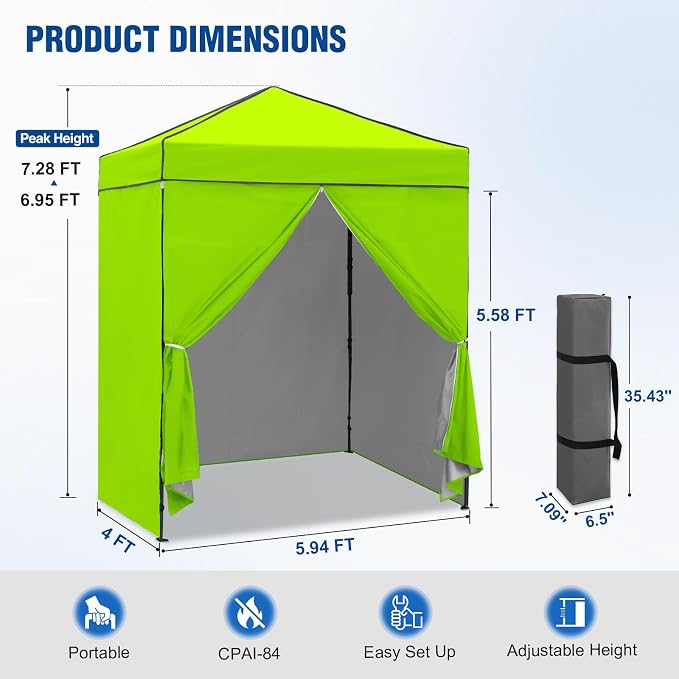 6x4 Pop Up Canopy Tent with Four Wall Panels, Instant Portable Beach Canopy, Outdoor Tent with Carry Bag for Camping, Sports, Tailgating, Events, Neon Green