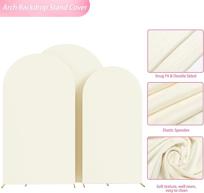 Wokceer Wedding Arch Backdrop Cover (8FT, 7.2FT, 6.6FT) Set of 3 Spandex Fitted Wedding Arch Stand Covers Round Top Chiara Backdrop Stands Cover for Birthday Party Ceremony Banquet Decor Ivory