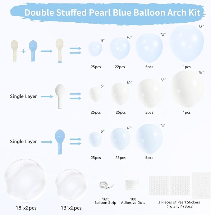 Blue Balloon Arch Kit 177Pcs Blue and White Balloon Arch Kit with Double Stuffed Pearl Balloons Clear Pearl Stickers for Wedding Birthday Bridal Shower Engagement Baby Shower Party Decorations