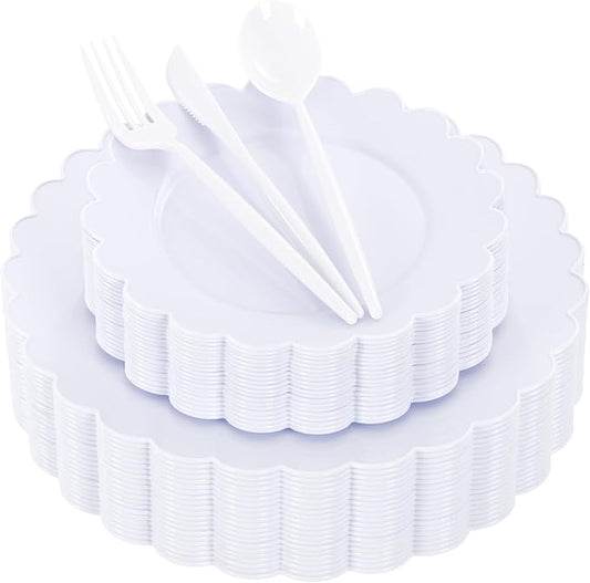 WONDERFUL 150 Pcs White Plastic Plates Disposable Heavy Duty Holiday Disposable Plastic Plates for Party Wedding Include 60 Pcs Plate Set 90 Pcs Cutlery Set Wedding Decor Holiday Mothers Day