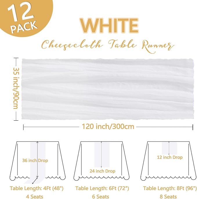 12 Pack White Cheesecloth Table Runner 10Ft Spring Gauze Cheese Cloth Table Runner 35x120 Inch Boho Sheer Rustic Fabric for Party Decor Baby Shower Wedding Holiday Decorations