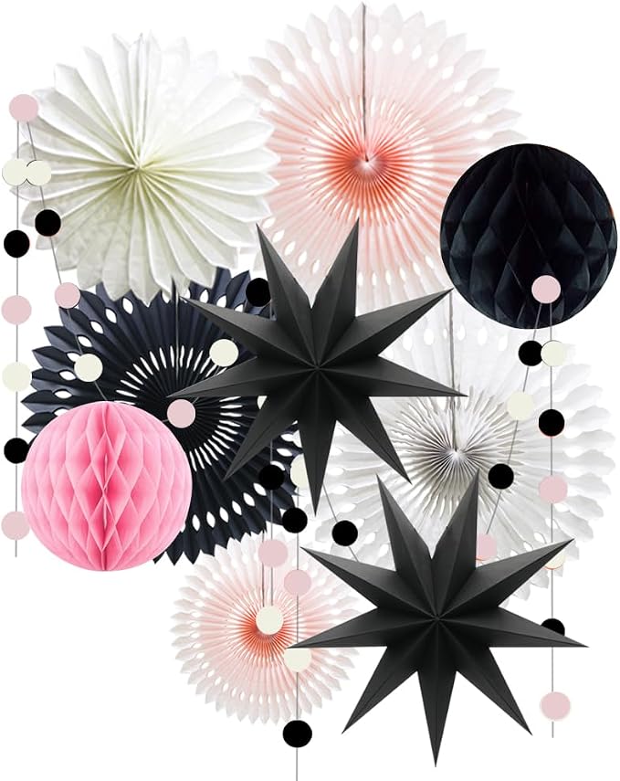 10 Pcs Party Decoration Set, Black Pink White Paper Fans, Honeycomb Balls and Star Lanterns for Halloween, Graduation, Birthday, Baby Shower & Bridal Shower Events