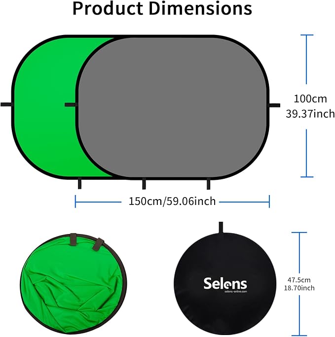 Selens Small Collapsible Backdrop Double-Sided Grey Green Screen 2-in-1 Pop Up Background with Carrying Bag for YouTube Streaming, Product Photography and Zoom Virtual Video, 39x59inches /1m×1.5m