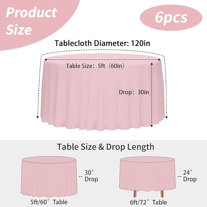 Fixwal 120 Inch Pink Round Tablecloth, 6 Pack Round Table Cloth Polyester Fabric Washable Table Covers for Wedding, Party, Banquet, Dining, Birthday Events