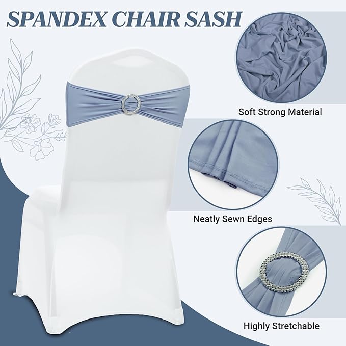 VDS - Dusty Blue | Spandex Chair Sashes Bows | 75 PCS | Stretch Elastic Banquet Universal Folding Chair Band Tie with Silver Buckle Slider for Wedding Party Conference Celebration Event Decoration