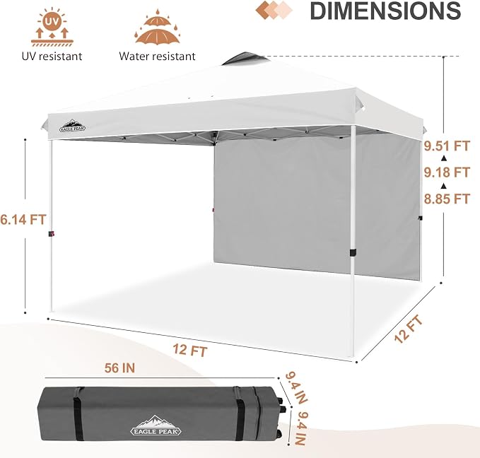 EAGLE PEAK Commercial Canopy 12x12 Pop Up Canopy Tent with 1 Sidewall, Easy Setup Heavy Duty Instant Event Shelter for Vendors & Markets, Outdoor Sun Shade, White