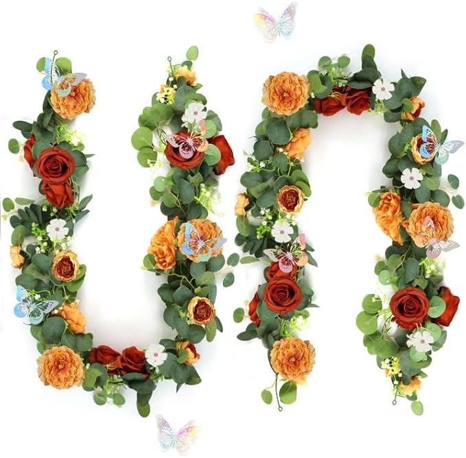 2 Pack 5.9 FT Artificial Flower Garland with Butterflies Fake Rose Garland Faux Greenery Eucalyptus Garlands for Wedding Table Backdrop Arch Centerpieces Decorations - Terracotta & Burnt Orange