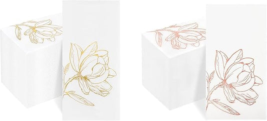 50 Pack Gold and 50 Pack Rose Gold Magnolia Napkins - Cloth-Like Feel Dinner Paper - Heavy Duty Floral Hand Towels for Bathroom Wedding Holiday Party Bridal Decorative Towels