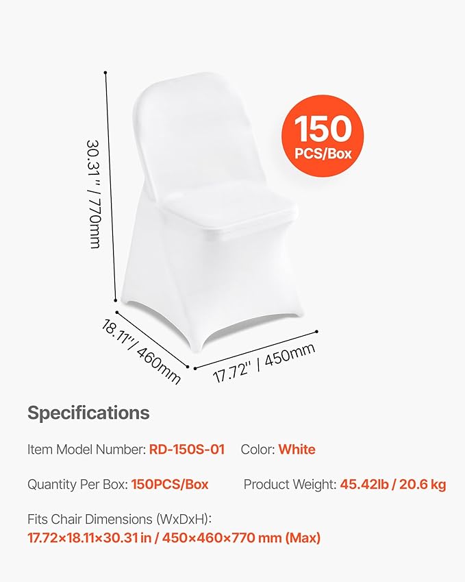 VEVOR Chair Covers, Polyester Spandex Chair Cover, Stretch Slipcovers for Wedding Party Dining Banquet Flat-Front Chair Covers (White-c, 150PCS)