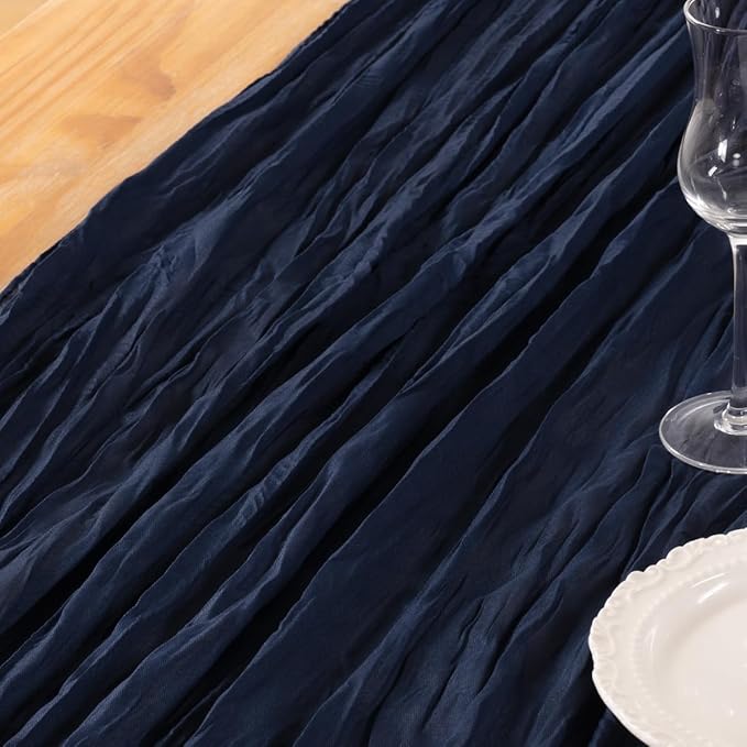 DeZerlor Navy Blue Cheesecloth Table Runner 4 Pack Spring Easter Table Runners Boho Gauze 120 Inches Navy Cheese Cloth Table Decor for Wedding Bridal Baby Shower Parties