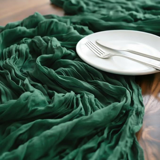 LINXTAR Emerald Green Cheesecloth Table Runner 4 Pack 120 Inches 10Ft Gauze Summer Boho Table Runner for Wedding Tea Party Baby Shower Bridal Birthday Home Decoration