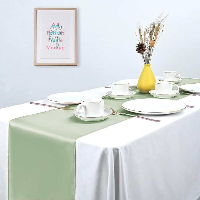 15 Pack Satin Table Runners 12 x 108 Inch Long, Sage Green Table Runners for Rectangle Round Tables,Smooth Satin Table Runner for Wedding,Birthday Party Banquets Graduation Engagements Decoration