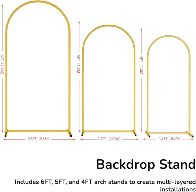 6FT 5FT 4FT Arch-Backdrop-Stand Set of 3, Wedding Arch Stand for Birthday Party Baby Shower, Flower Balloon Metal Arch Stand Frame for Graduation Anniversary Ceremony Decor, Gold