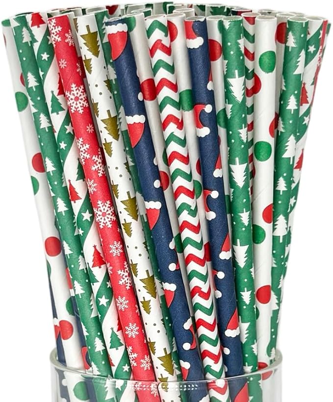 200 Pcs Christmas Paper Straws, 10 Styles Biodegradable Colorful Disposable Drinking Christmas Straws for Christmas Party Supplies, Desserts, Thanksgiving, New Year and Holiday Party Decorations