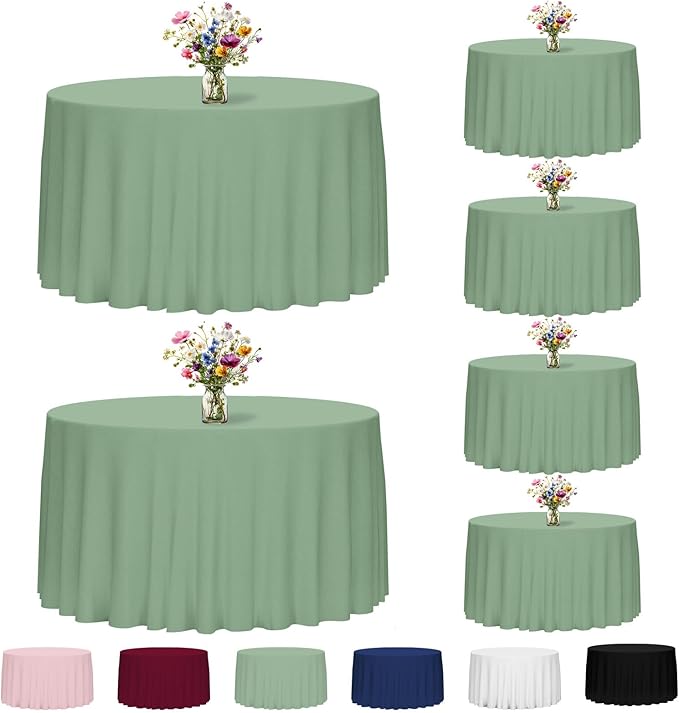Fixwal 6 Pack Sage Green 120 Inch Round Tablecloths, Reusable Heavy Duty Washable Polyester Table Covers, Stain and Wrinkle Resistant for Wedding, Baby Shower, Boho Party, Outdoor, Picnic