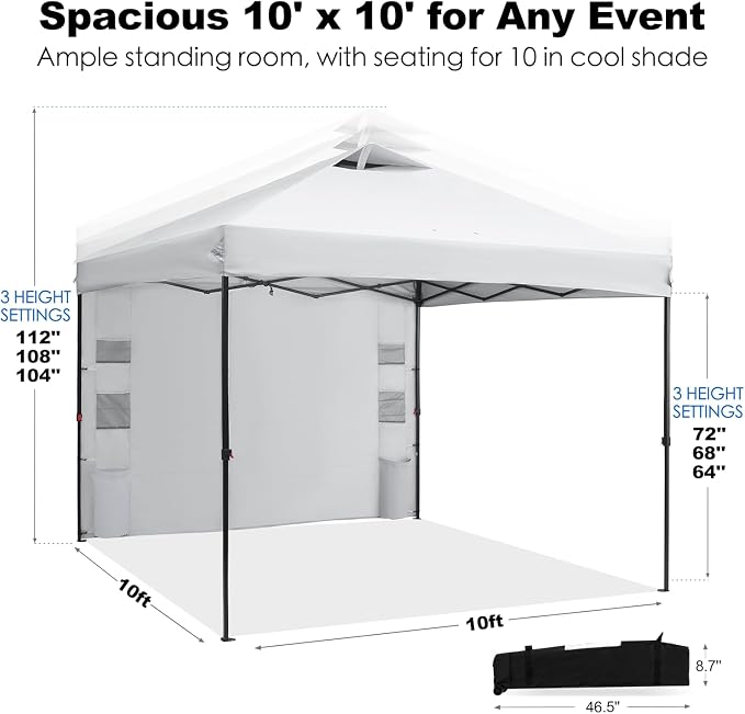 GAFETE 10×10 Pop Up Canopy Tent with 1 Pockets Sidewall, Easy up Sun Shade with One Push Setup, Portable Instant Outdoor Canopy Tent for Events Parties Camping with Carrying Bag (White, 10x10 FT)