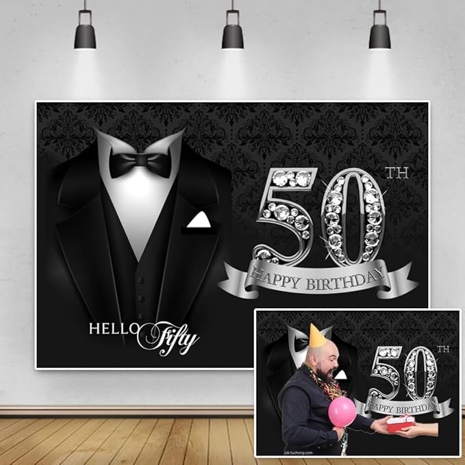 8x6ft Photography Backdrop for Man 50th Birthday Party Decor Black Necktie Suit Tuxedo Silver Diamonds 50th Happy Birthday Background Luxury Hello Fifty Birthday Party Cake Table Banner