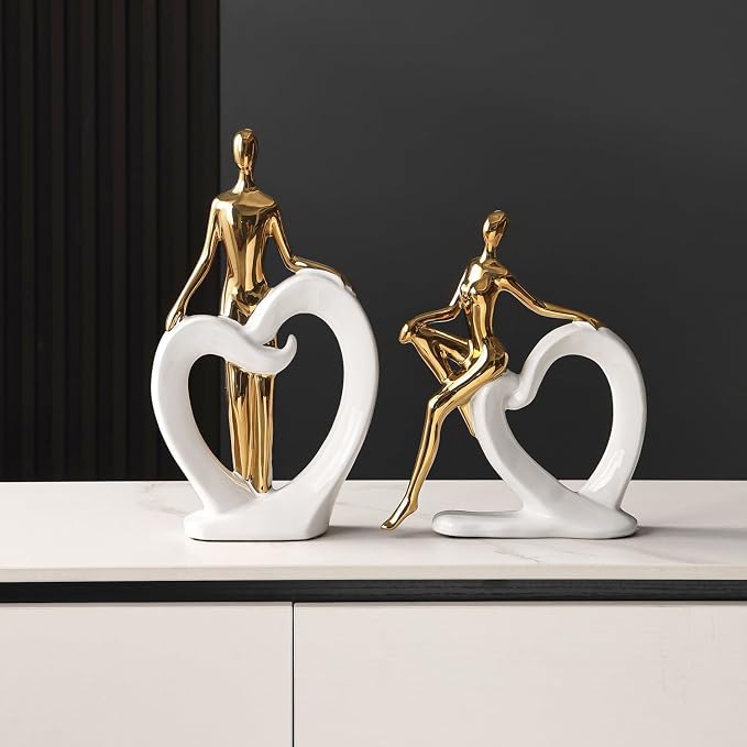 Ceramic Statues Aesthetic Abstract Couple and Heart Sculpture Modern Home Decor Decorative Statue for Living Room Bedroom Bookshelf Table Centerpiece Office (White and Gold)
