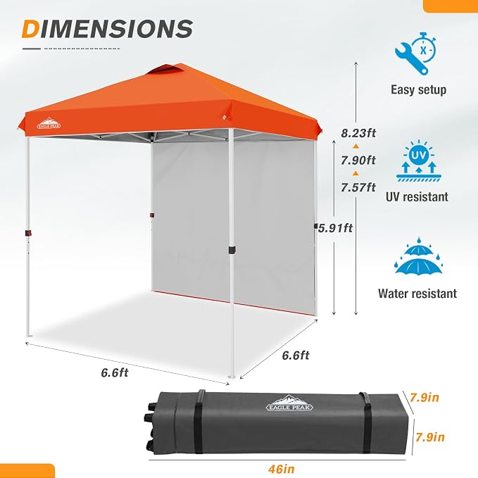 EAGLE PEAK Commercial Canopy 6.6x6.6 Pop Up Canopy Tent with 1 Sidewall, Easy Setup Heavy Duty Instant Event Shelter for Vendors & Markets, Outdoor Sun Shade, Orange